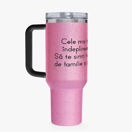 Cană termos cu mâner și pai personalizată cu mesaj pentru cei dragi