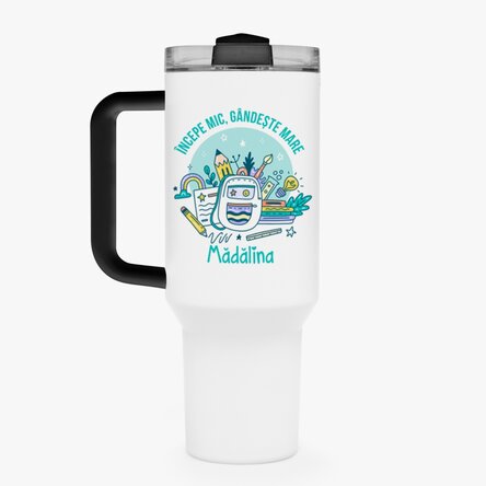 Cană termos cu mâner și pai personalizată cu mesaj - Pupil