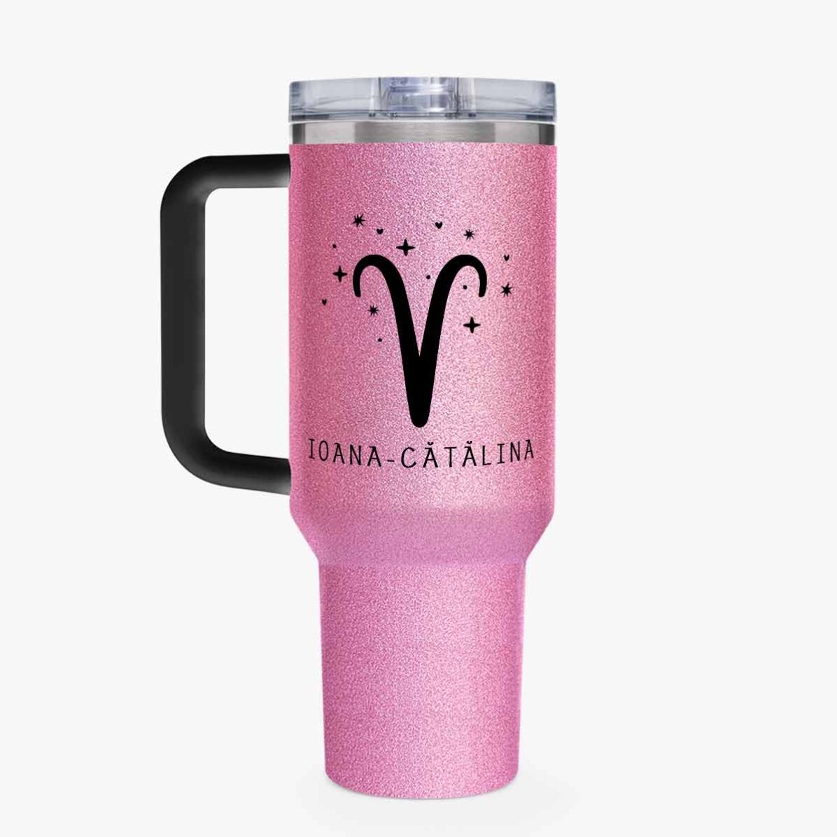 Cană termos cu mâner și pai personalizată cu mesaj - Zodia Berbec