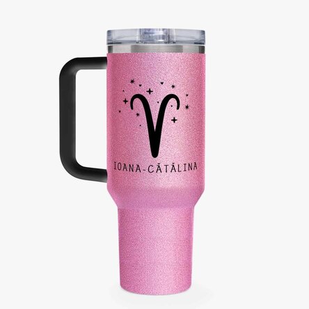 Cană termos cu mâner și pai personalizată cu mesaj - Zodia Berbec