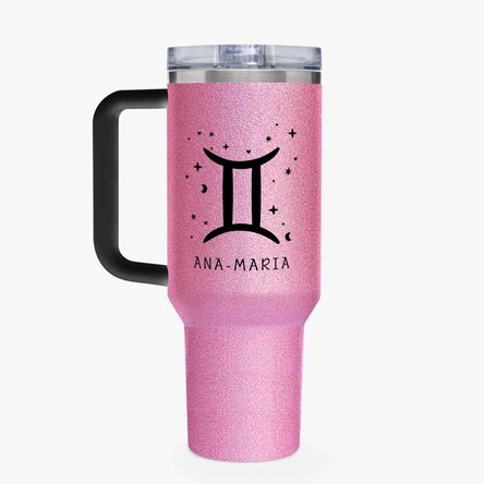 Cană termos cu mâner și pai personalizată cu mesaj - Zodia Gemeni