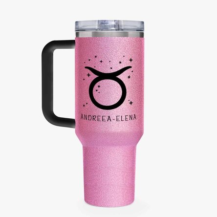 Cană termos cu mâner și pai personalizată cu mesaj - Zodia Taur