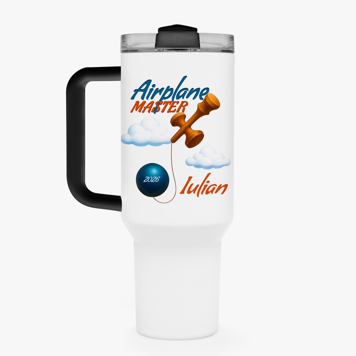 Cană termos cu mâner și pai personalizată cu nume - Airplane Master