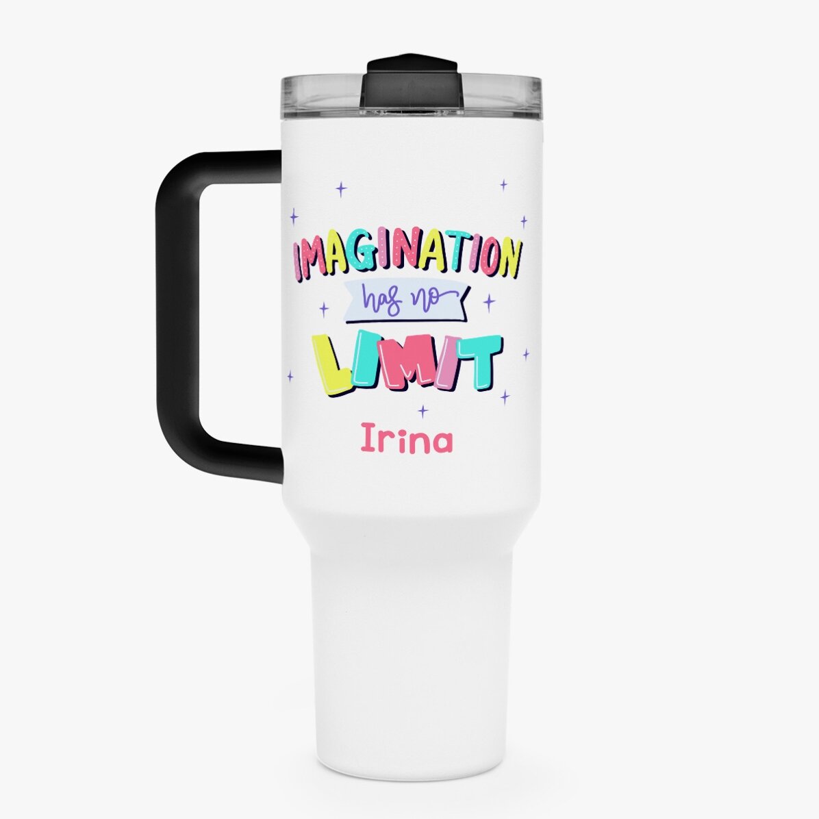 Cană termos cu mâner și pai personalizată cu nume - Imagination