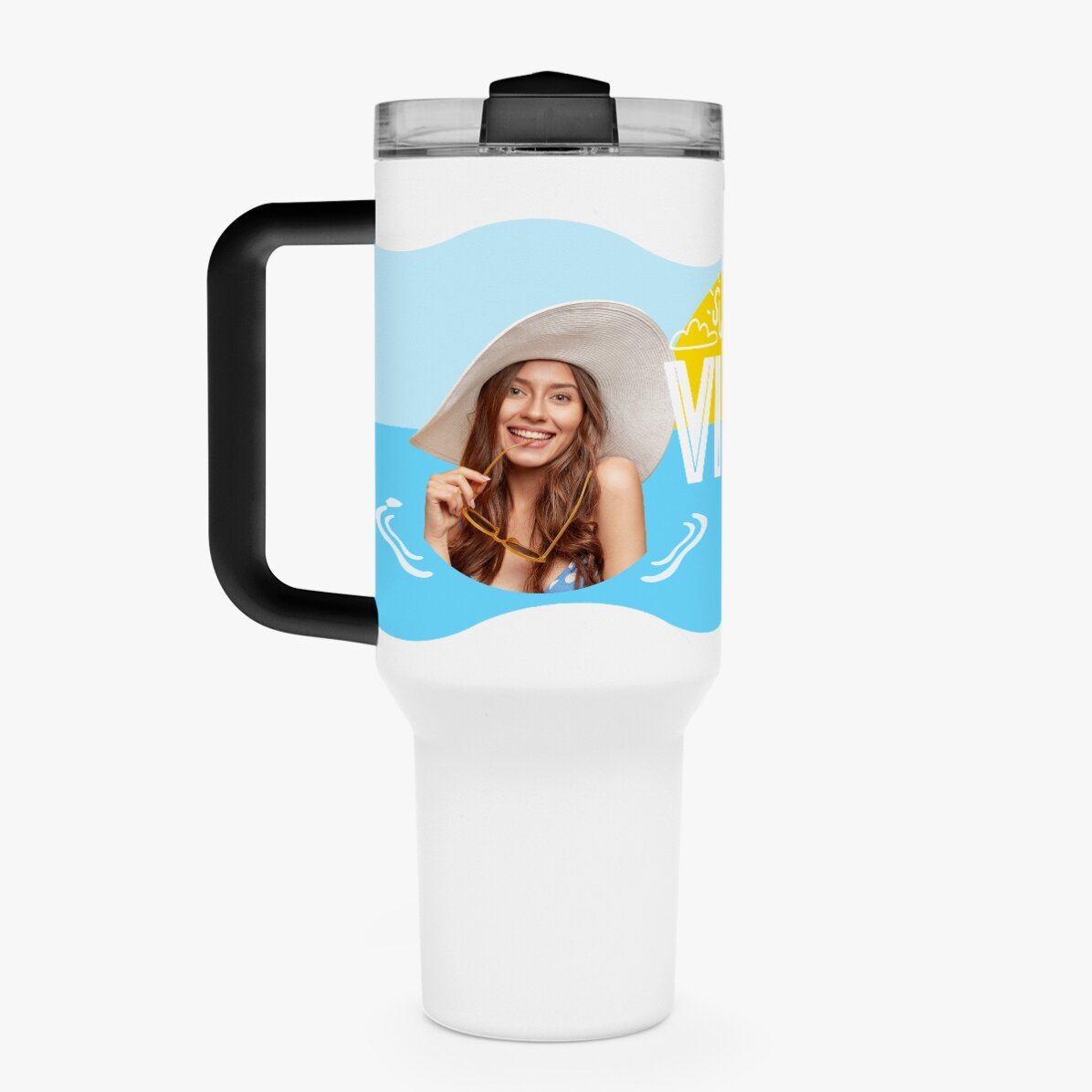 Cană termos cu mâner și pai personalizată cu poză - Summer