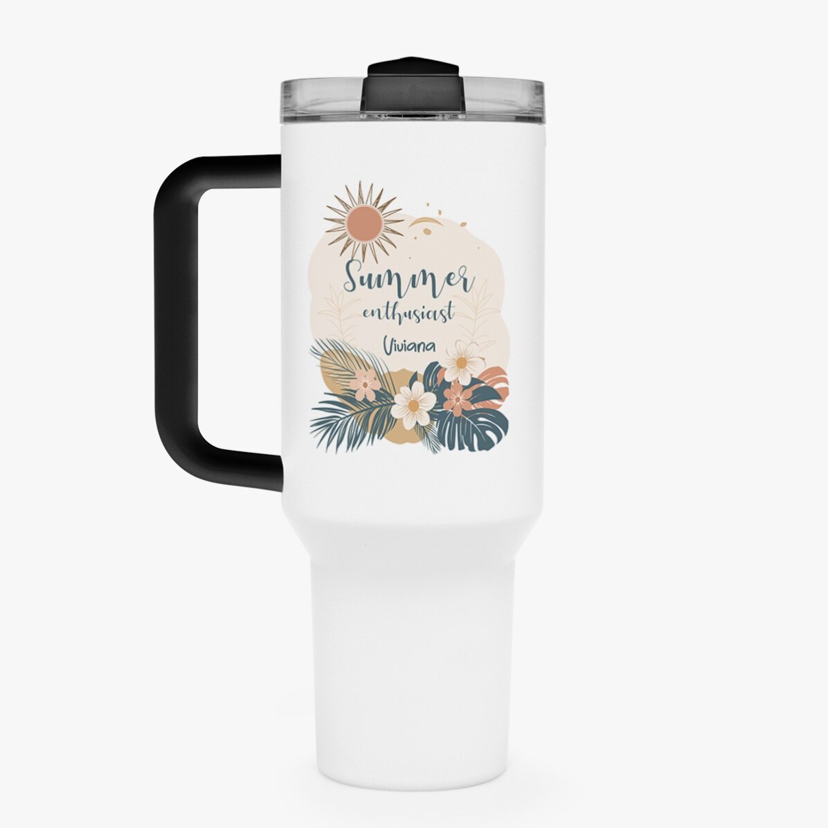 Cană termos cu mâner și pai personalizată cu text - Boho summer