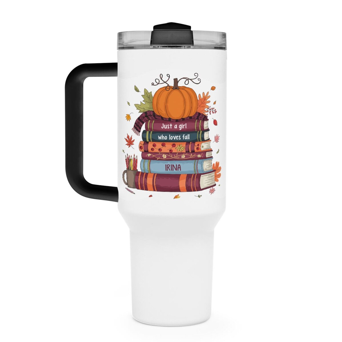 Cană termos cu mâner și pai personalizată cu text - Books