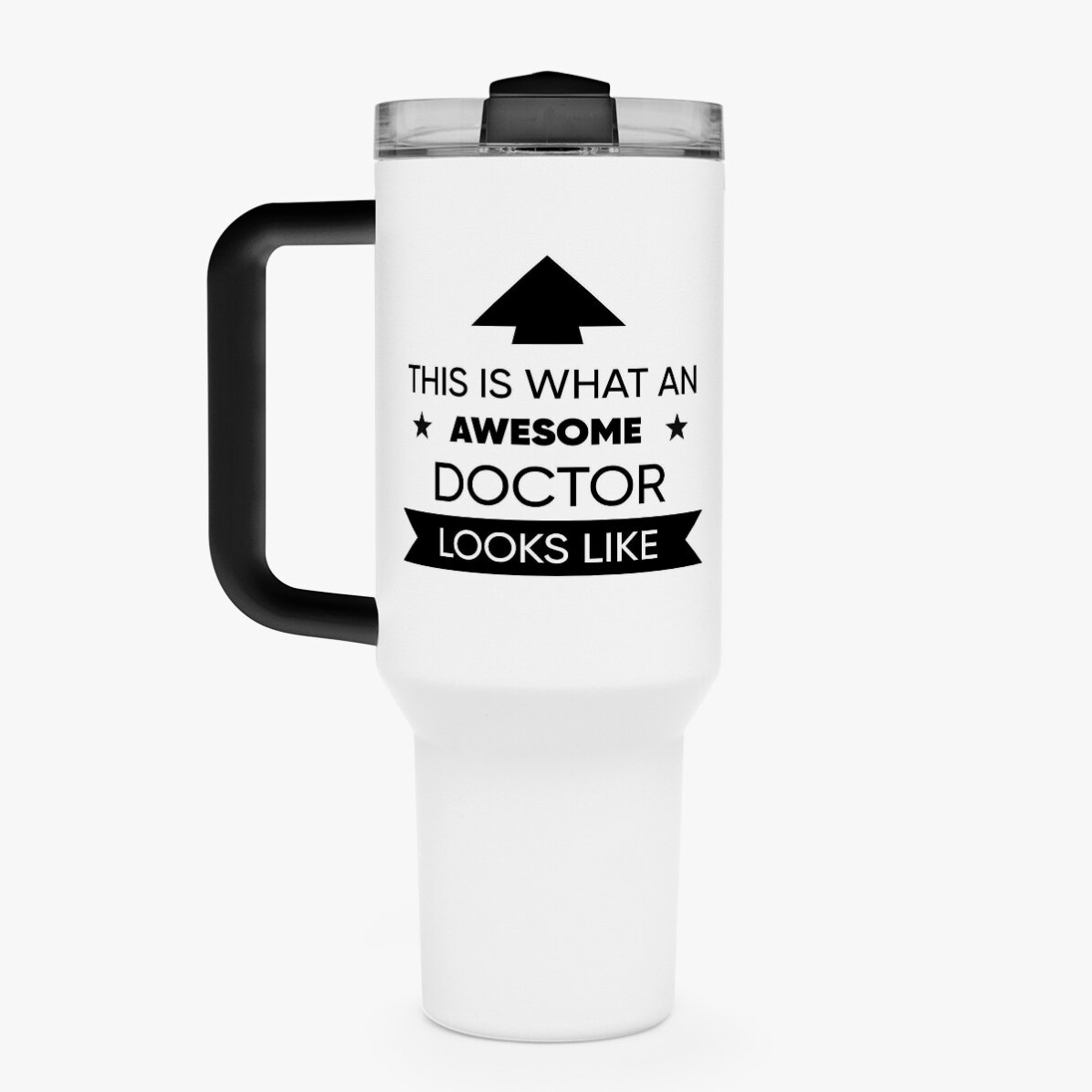 Cană termos cu mâner și pai personalizată cu text - Așa arată