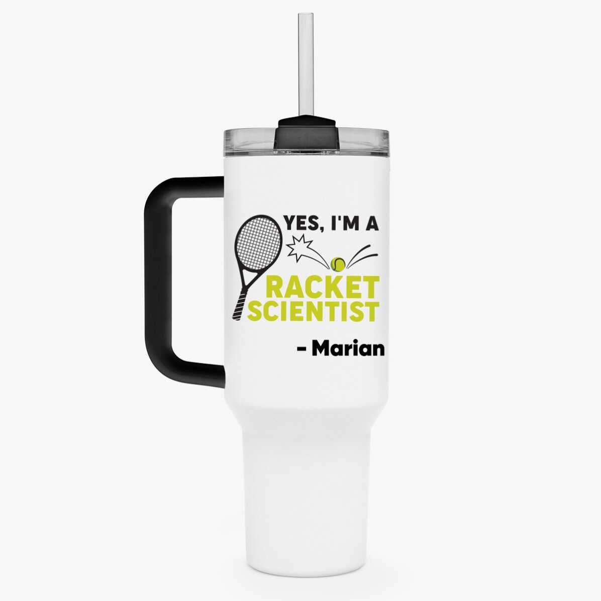 Cană termos cu mâner și pai personalizată cu text - Racket scientist