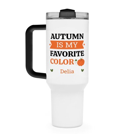 Cană termos cu mâner și pai personalizată cu text - Toamnă