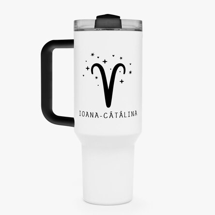 Cană termos cu mâner și pai personalizată cu text - Zodia Berbec