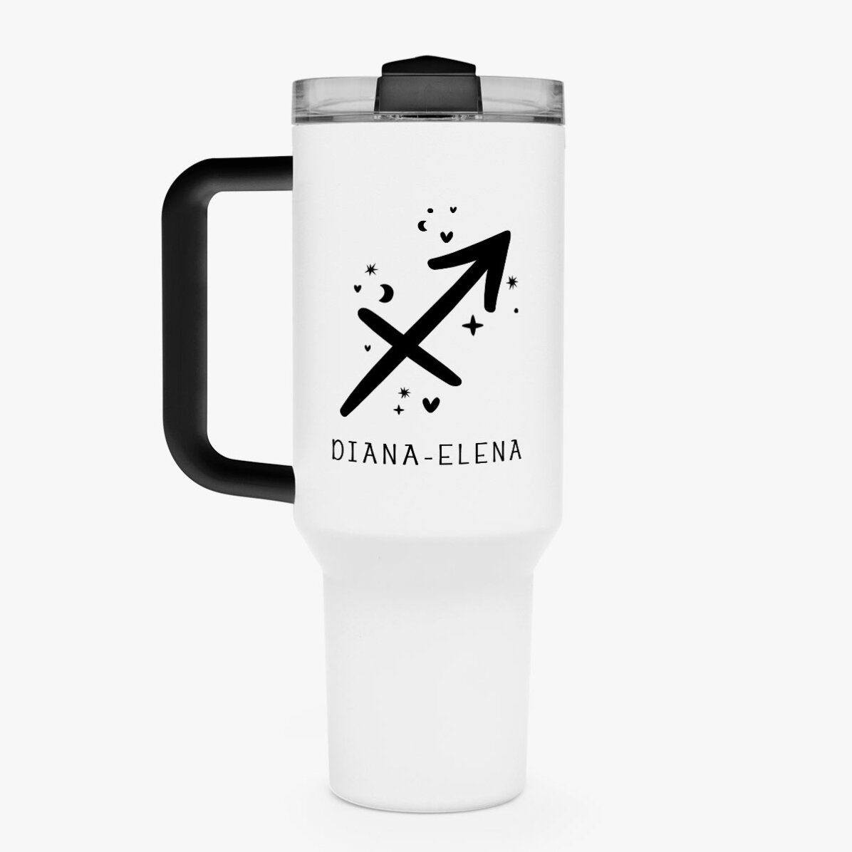 Cană termos cu mâner și pai personalizată cu text - Zodia Săgetător