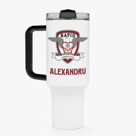 Cană termos FC Rapid cu mâner și pai personalizată cu logo și mesaj