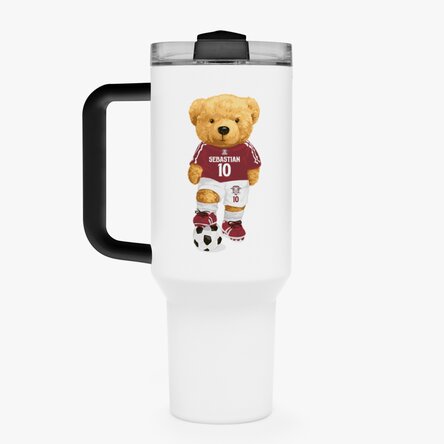 Cană termos FC Rapid cu mâner și pai personalizată cu logo și text - Ursulețul rapidist