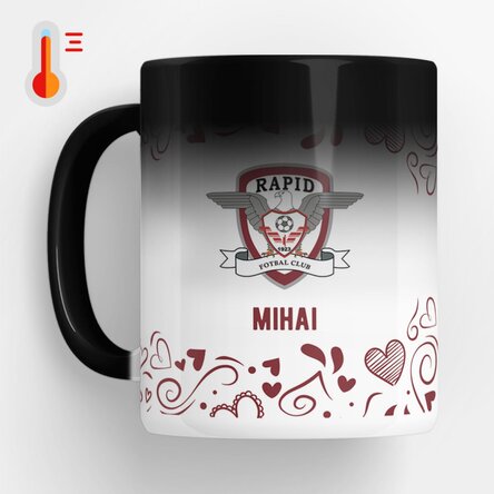 Cană termosensibilă FC Rapid personalizată cu text - Inimi vișinii
