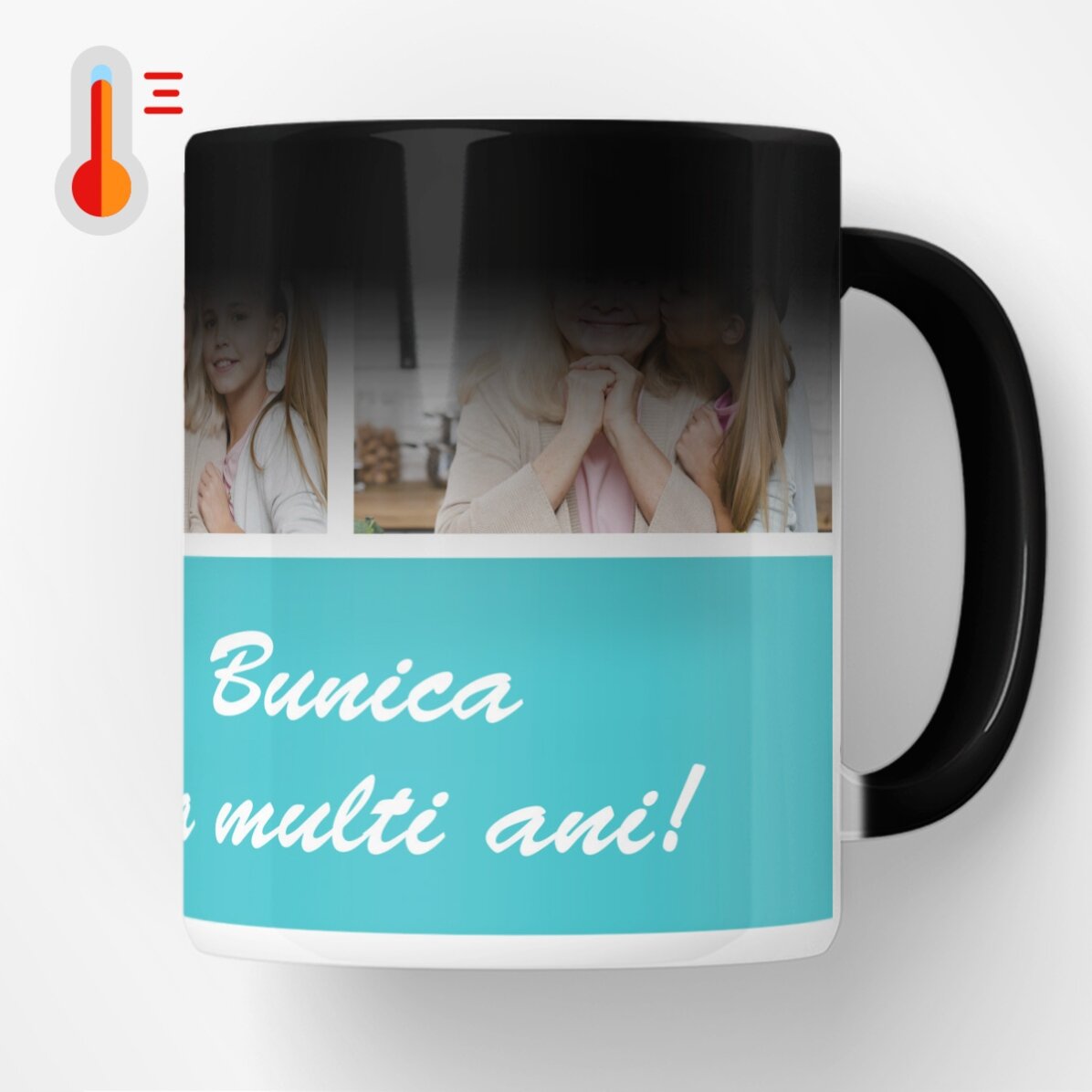 Cană termosensibilă personalizată cu 3 poze și mesaj