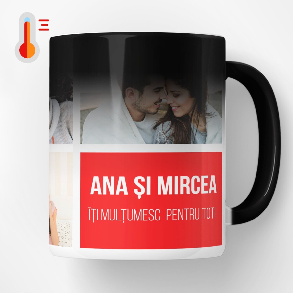 Cană termosensibilă personalizată cu 5 poze și text