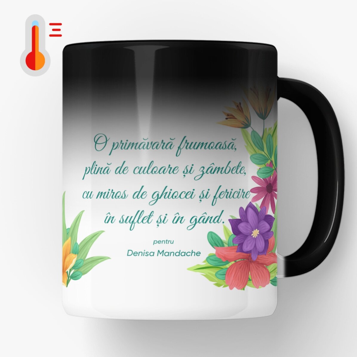 Cană termosensibilă personalizată cu logo și text - Flori de primăvară