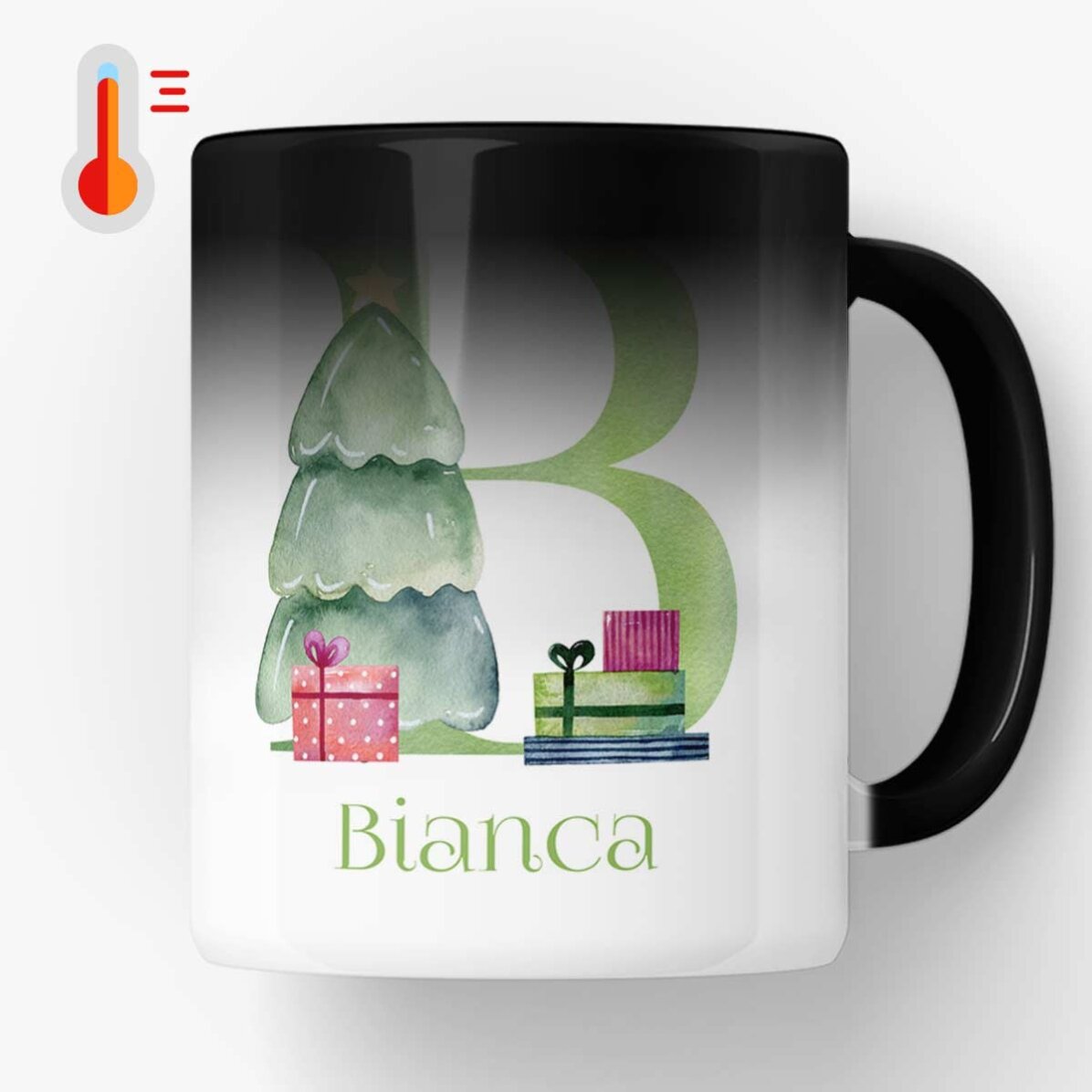 Cană termosensibilă personalizată cu monogramă si nume - Crăciun