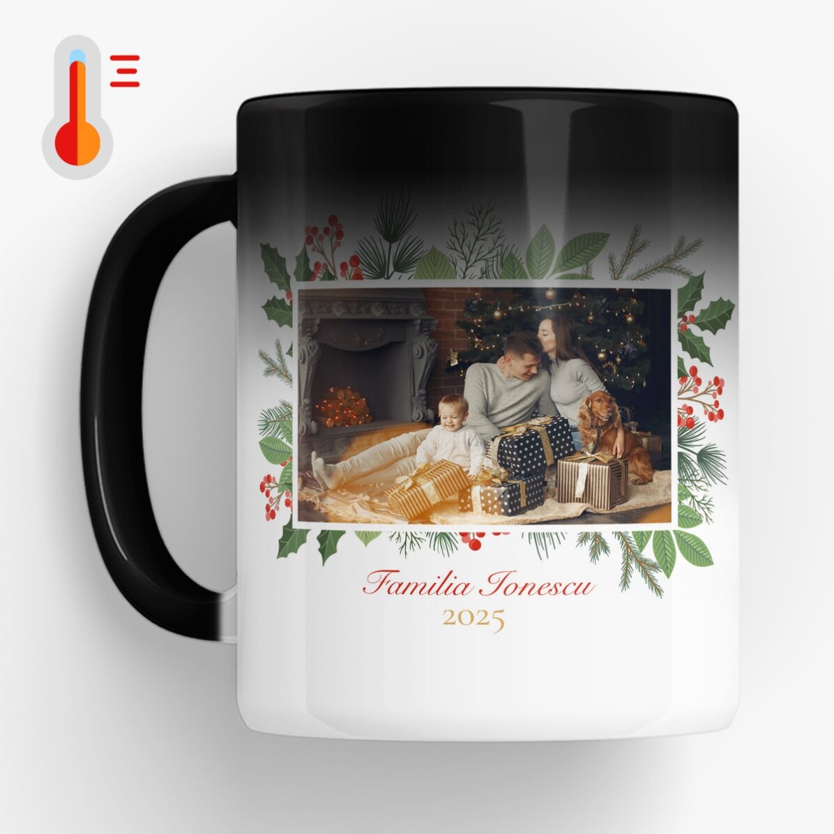 Cană termosensibilă personalizată cu o poză și text - Crăciun Fericit! 