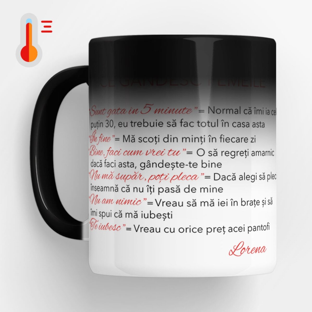 Cană termosensibilă personalizată cu text - Ce gândesc femeile