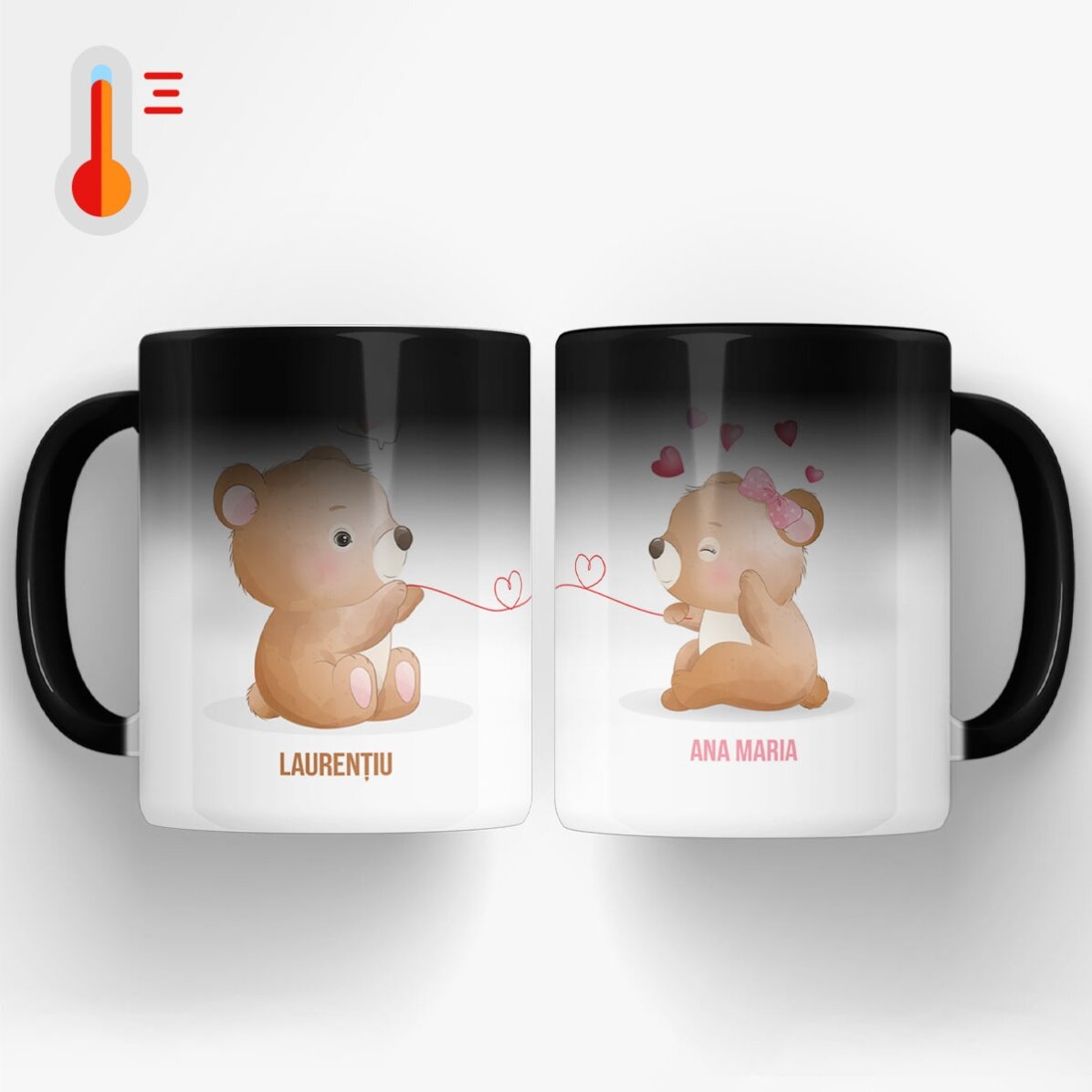 Cană termosensibilă personalizată cu text - Ursuleți îndrăgostiți
