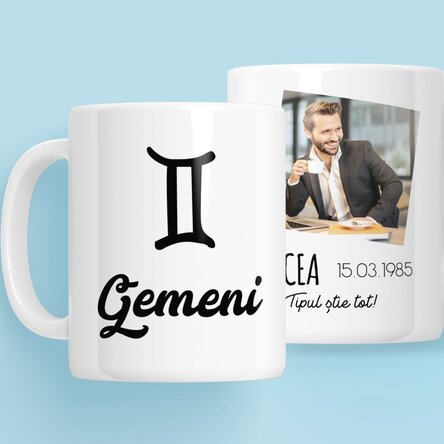 Cană zodiac personalizată cu poză și text - Gemeni
