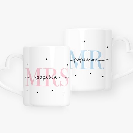 Cani pentru cuplu personalizate cu text și dată - MRS & MR - model toartă în formă de inimă