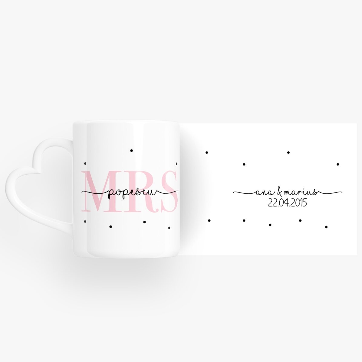 Cani pentru cuplu personalizate cu text și dată - MRS & MR - model toartă în formă de inimă