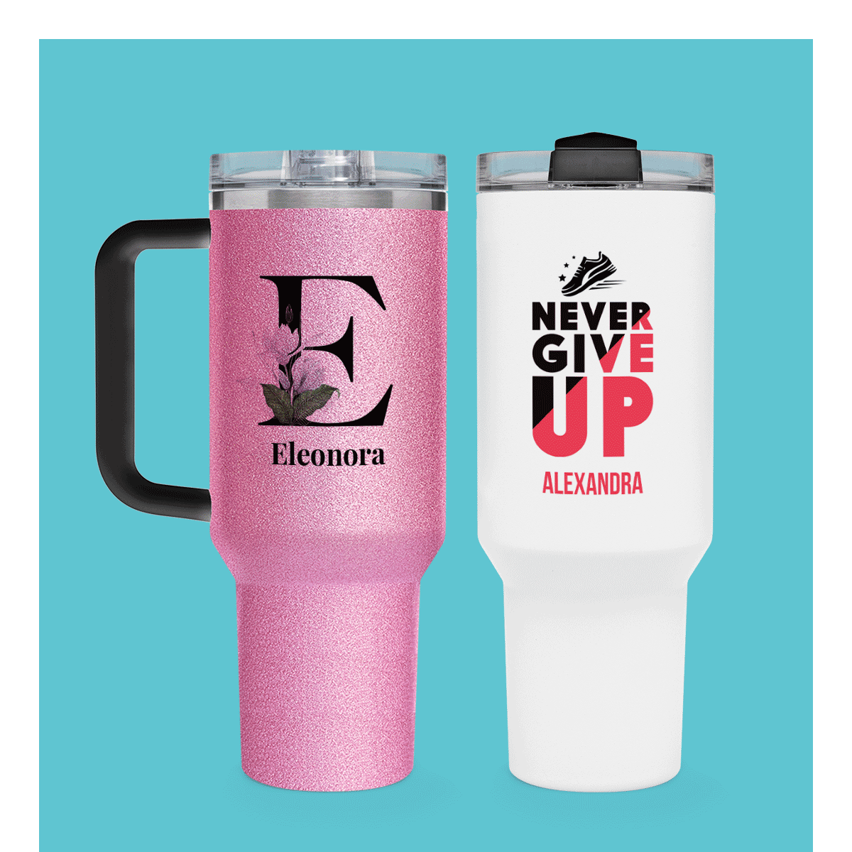 Personalised thermos mugs with handle and straw