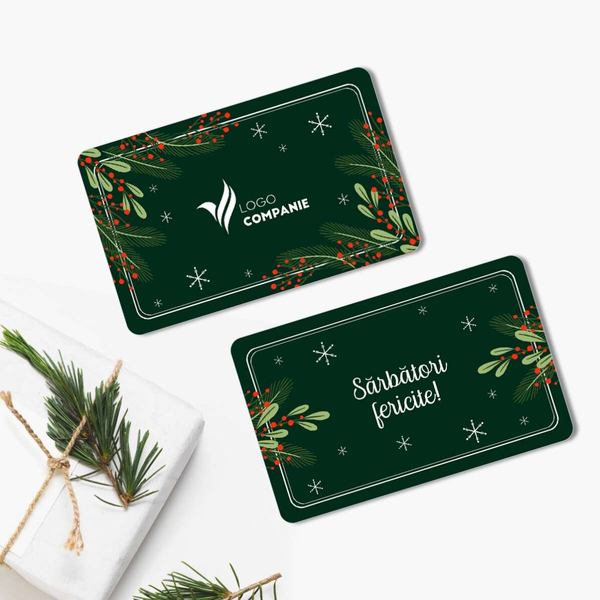 Card aluminiu personalizat față-verso cu logo și mesaj - Sărbători fericite!