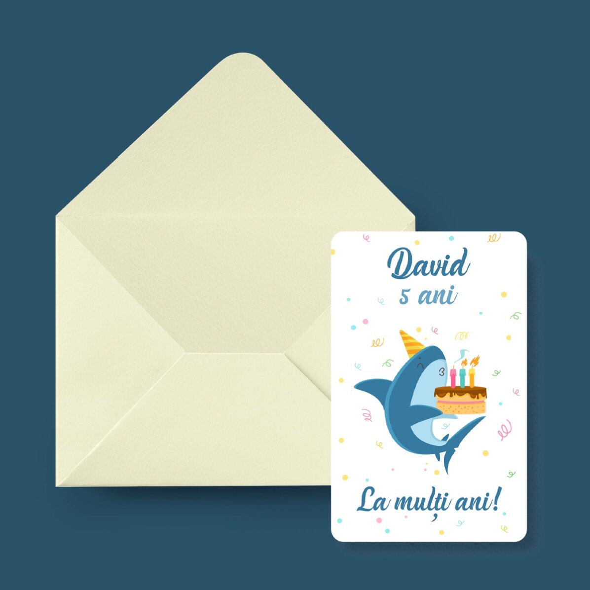 Card aluminiu personalizat față-verso cu mesaj și 3 poze - Shark