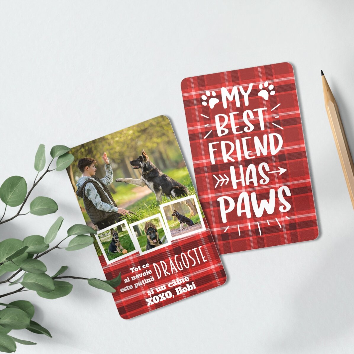 Card aluminiu personalizat față-verso cu mesaj și 4 poze - Cățelușul Meu