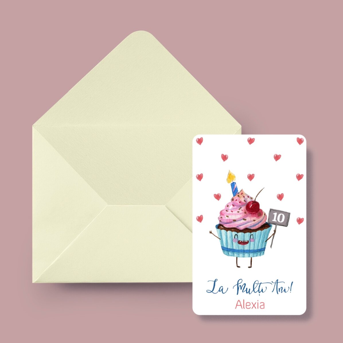 Card aluminiu personalizat față-verso cu mesaj și o fotografie - Cupcake