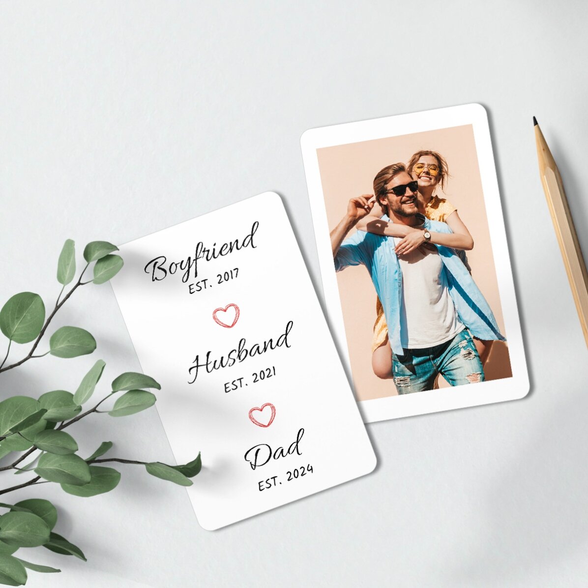 Card aluminiu personalizat față-verso cu mesaj și o poză portret