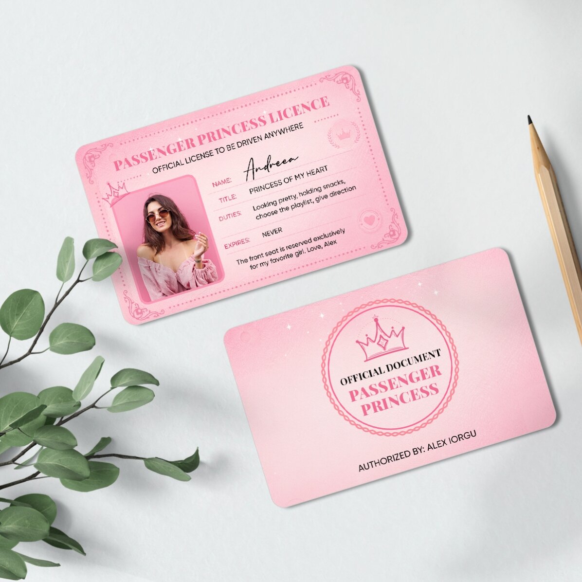 Personalised double-sided aluminium card with a photo and text - Passenger Princess
