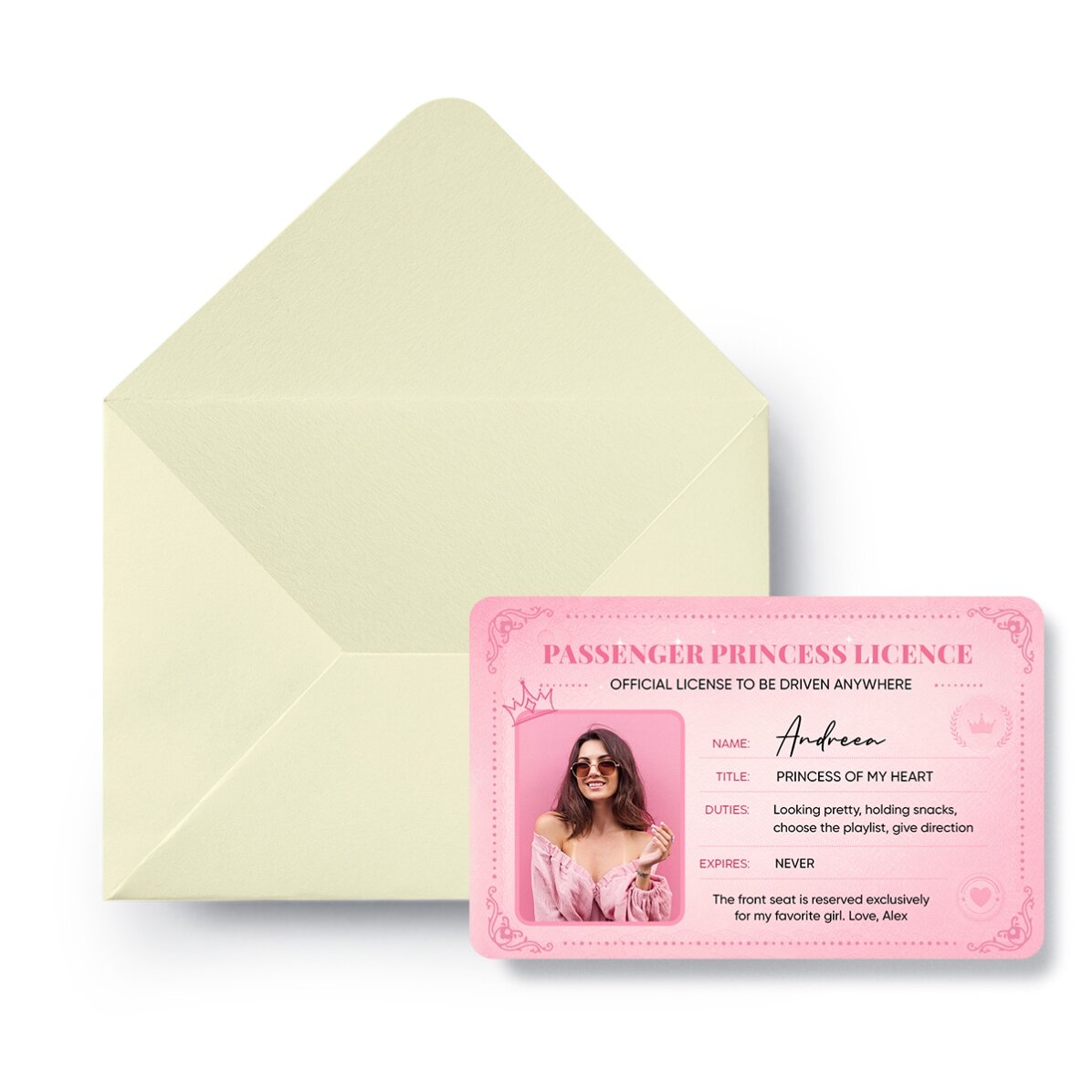 Personalised double-sided aluminium card with a photo and text - Passenger Princess