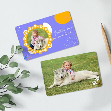 Card aluminiu personalizat față-verso cu text și două poze - Prietenul blănos