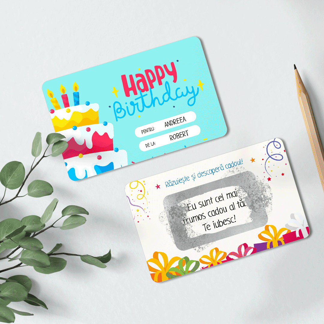 Card aluminiu răzuibil personalizat față-verso cu mesaj - Happy Birthday