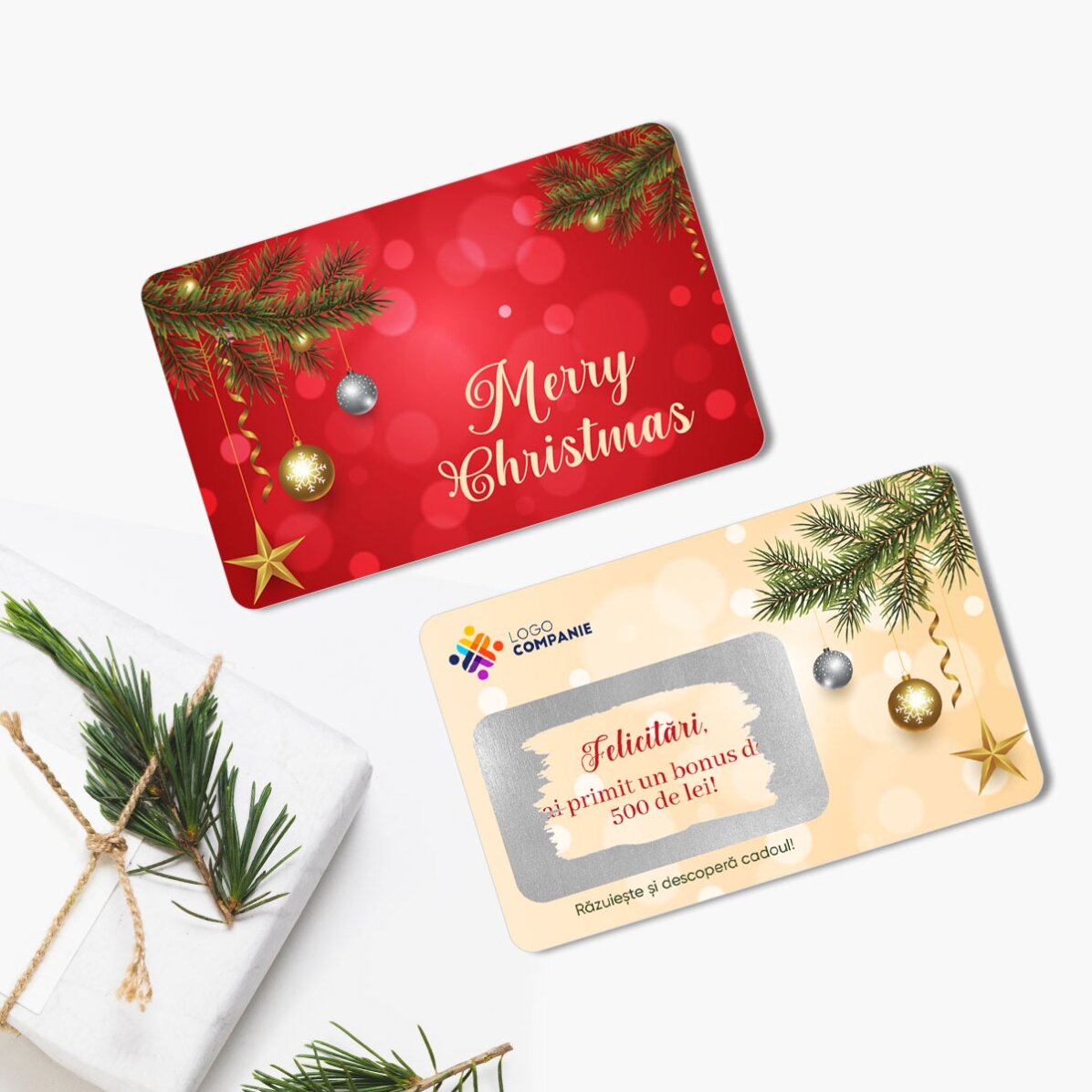 Card aluminiu răzuibil personalizat față-verso cu mesaj și logo - Merry Christmas