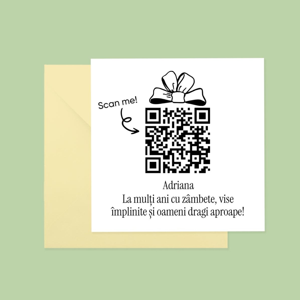 Card pătrat personalizat cu mesaj și cod QR - La mulți ani!