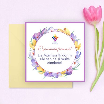 Card pătrat personalizat cu mesaj și logo - O primăvară frumoasă!