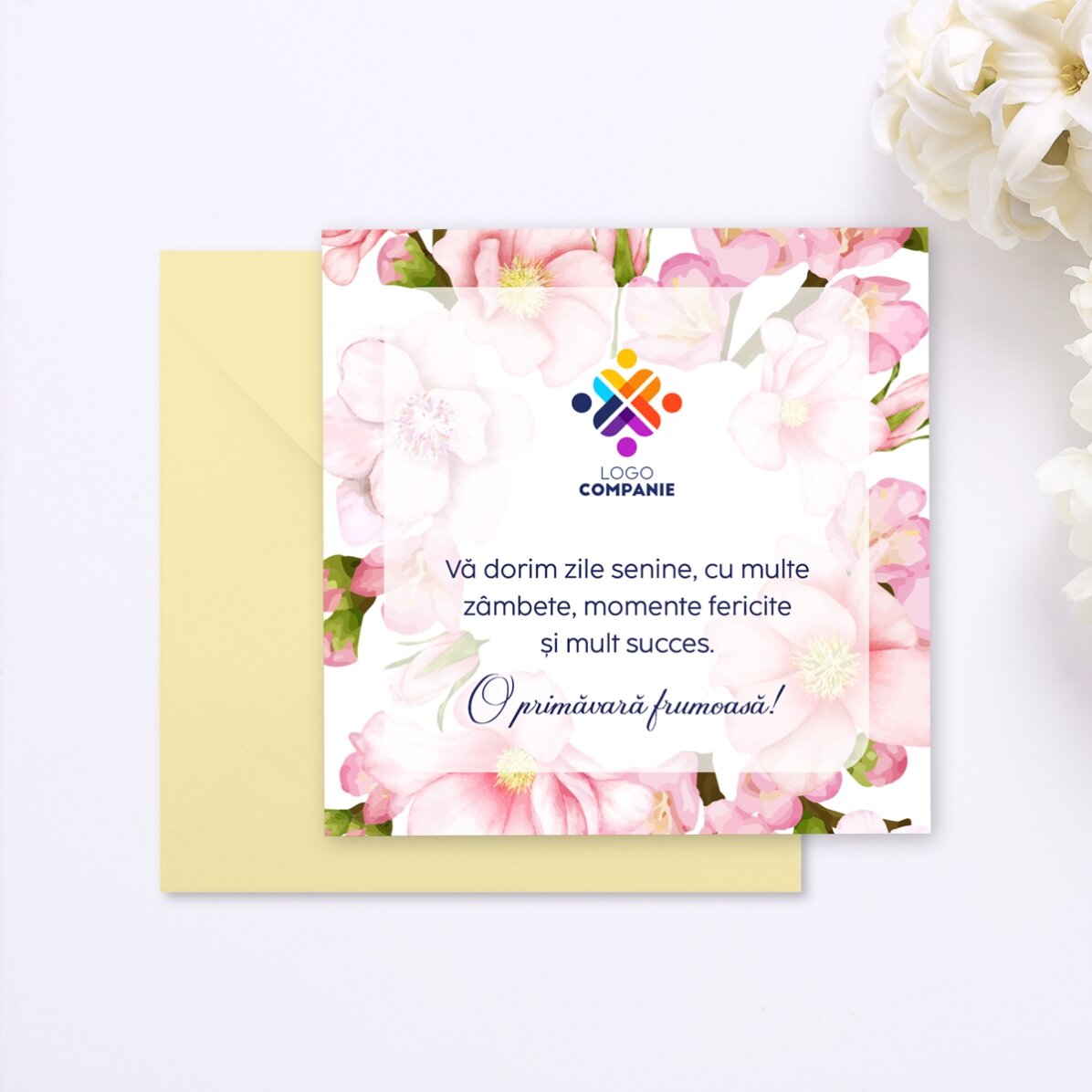 Card pătrat personalizat cu mesaj și logo - Primăvară