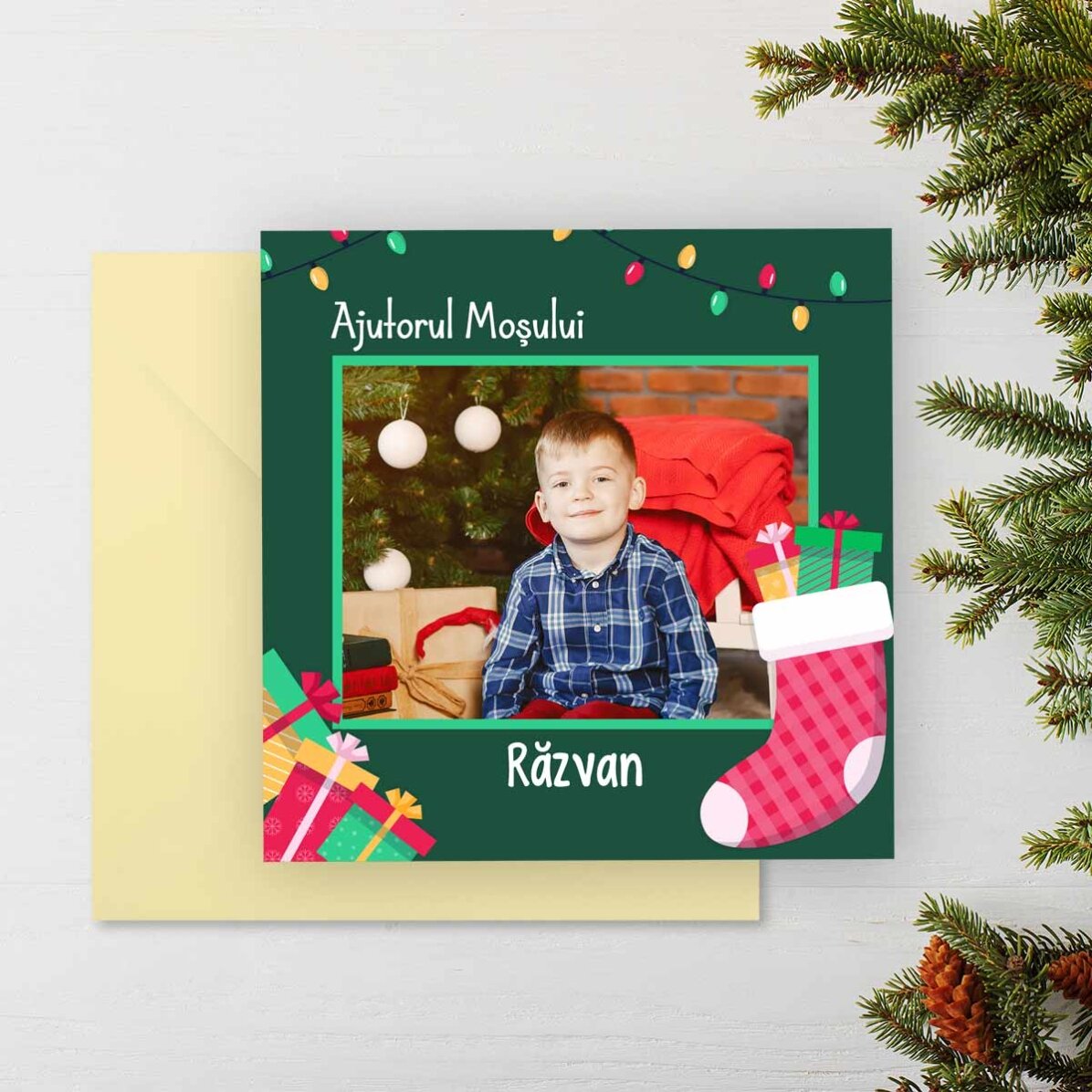 Card pătrat personalizat cu mesaj și o poză - Mesaj de la Moș Nicolae
