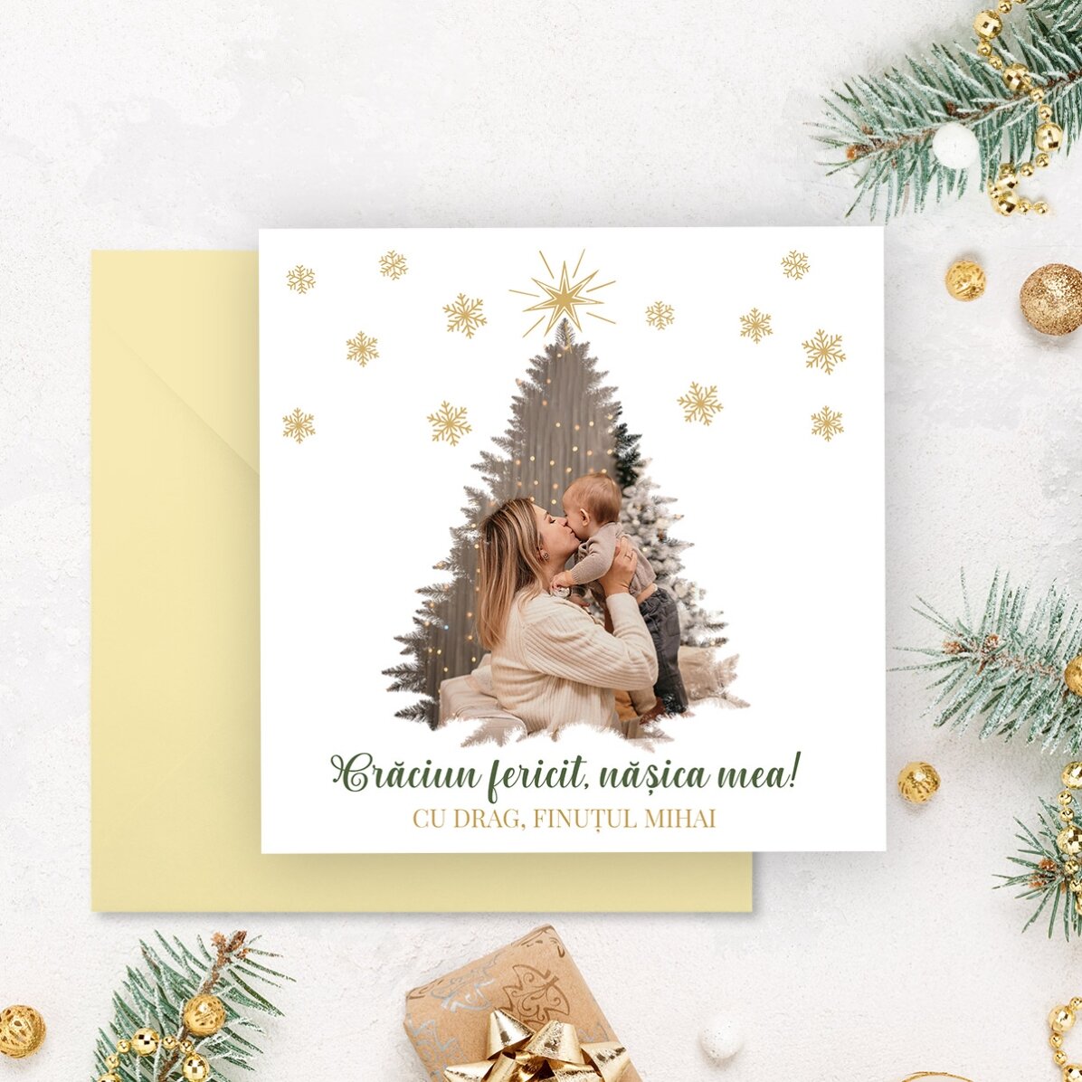 Card pătrat personalizat cu poză și mesaj - Crăciun fericit!