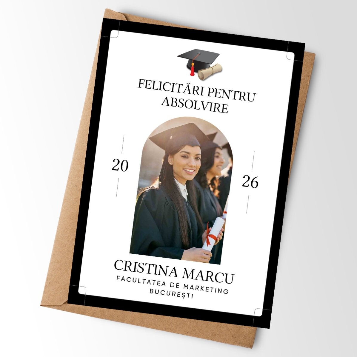 Personalised card with a photo and text for graduation
