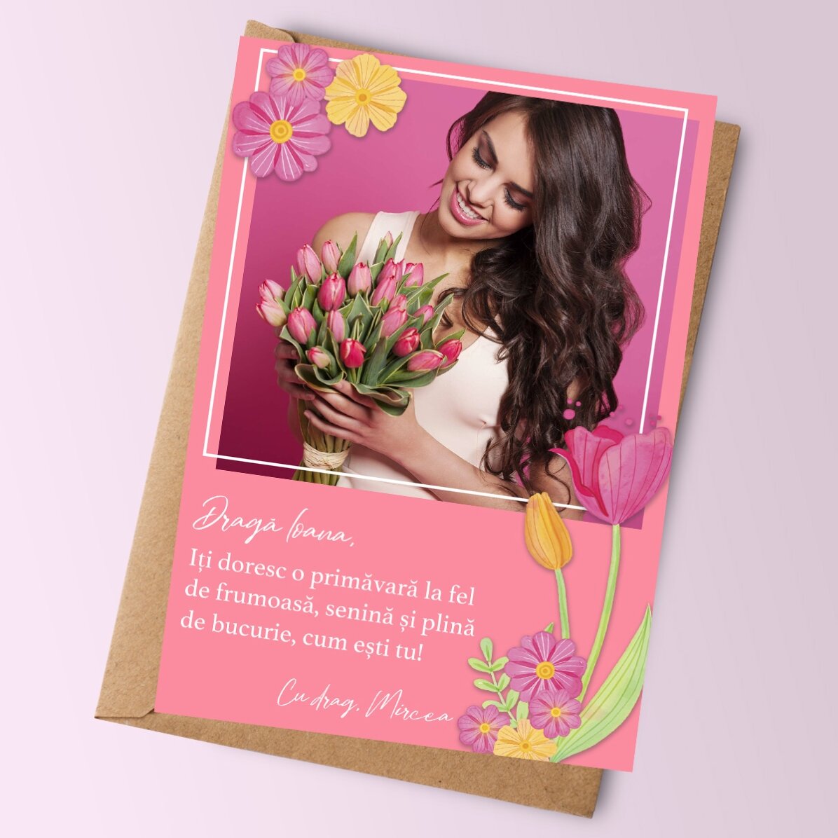 Card personalizat cu o poză și text - Primăvara