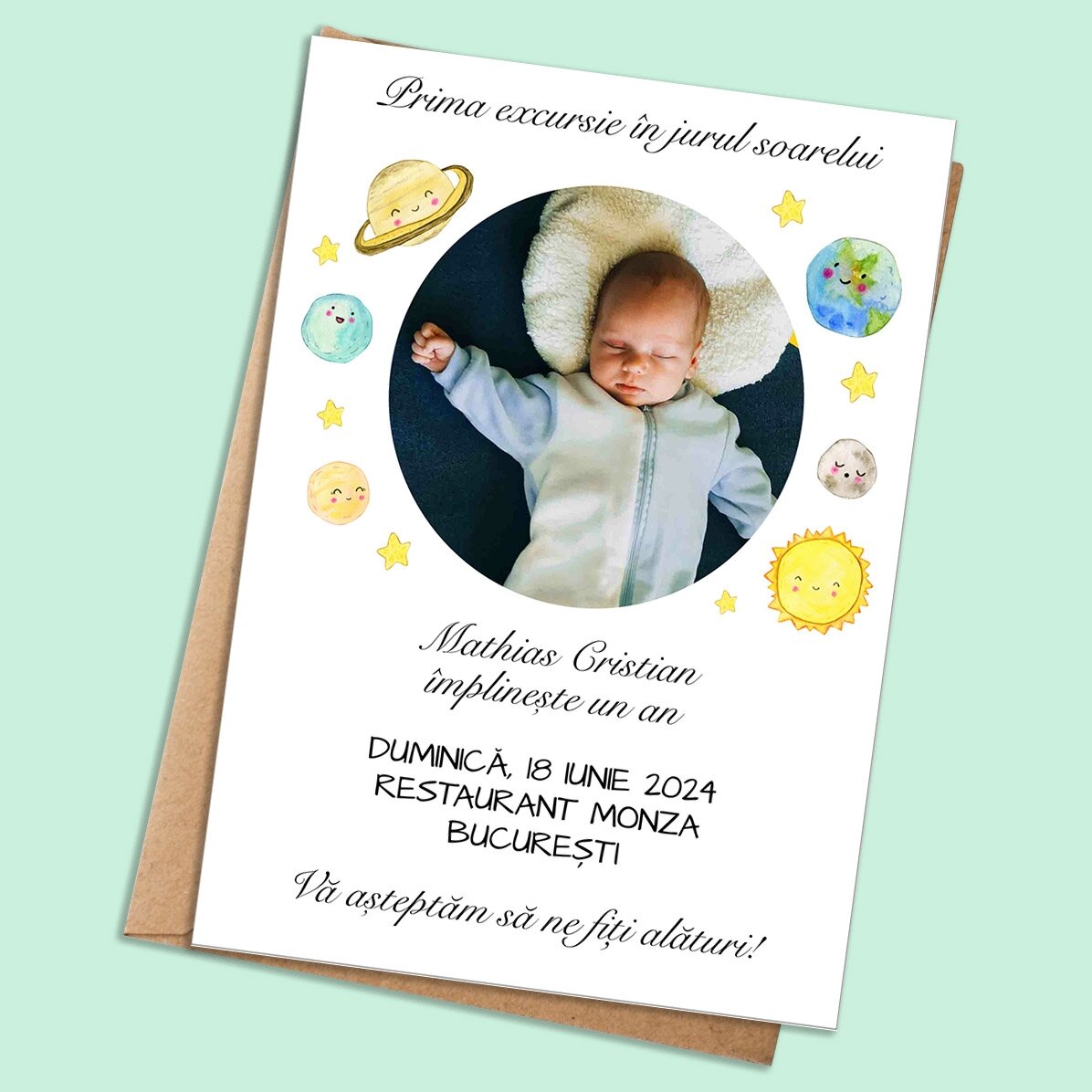 Card personalizat cu poză și text - invitație - Planete