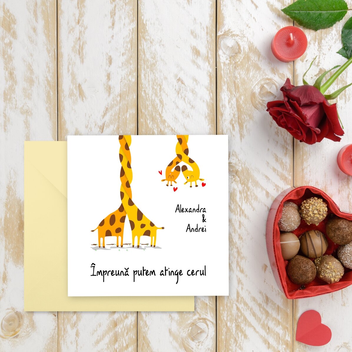 Card pătrat personalizat cu text - Girafe îndrăgostite