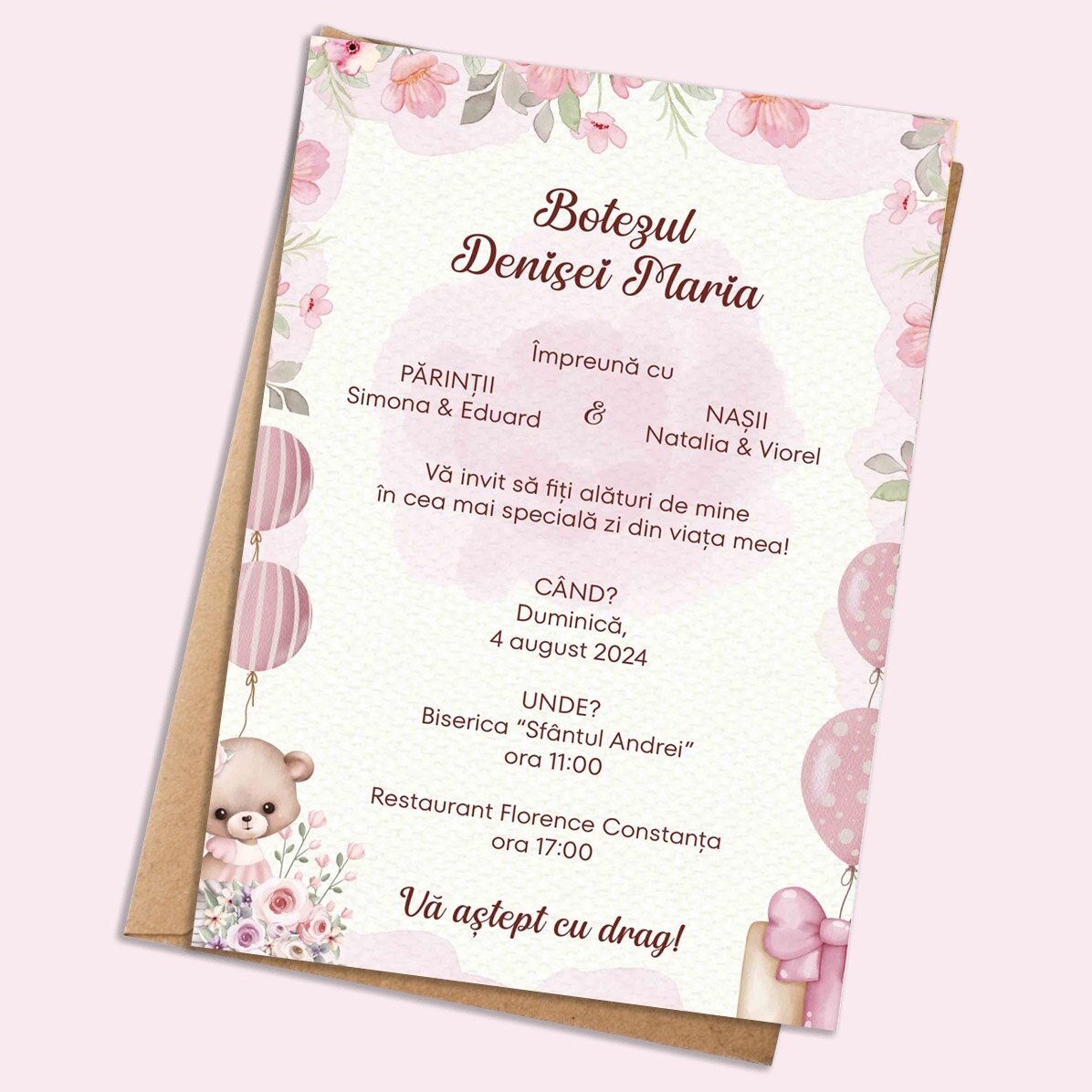 Card personalizat cu text - invitație pentru botez - Pink 